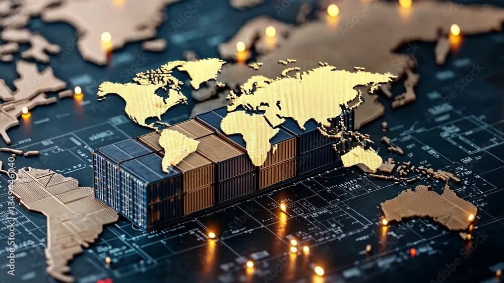 Aufkleber conceptual image of global trade with a shipping container on a world map showcasing logistics, comm