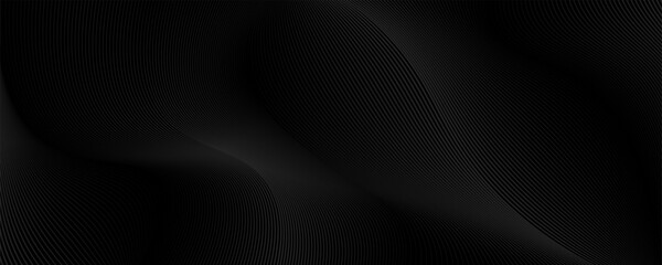Black abstract background design. Modern wavy line pattern in monochrome colors. Premium stripe texture for banner, business backdrop. Dark horizontal vector template