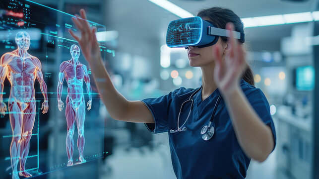 healthcare professional futuristic medical lab is using virtual reality technology to interact with 3D anatomical models