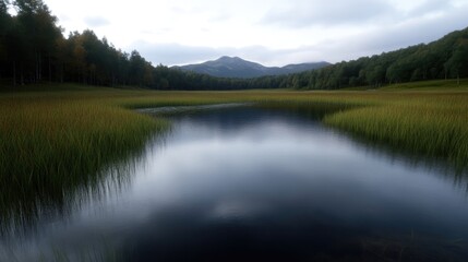 Fototapeta premium Serene lake reflecting a cloudy sky, surrounded by tall grasses and forest