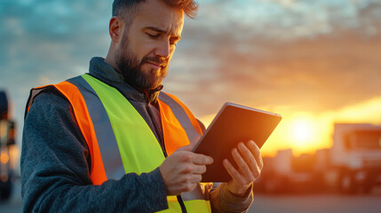 professional wearing reflective vest is using tablet outdoors during sunset, showcasing focus and determination