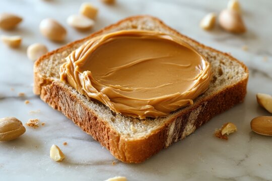 A single slice of bread topped with peanut butter spread