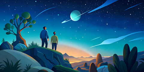 Two boys on top of a hill admire a surreal landscape with planets and stars at night.