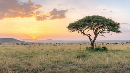 Obraz premium Solitary acacia tree in African savanna at sunset.