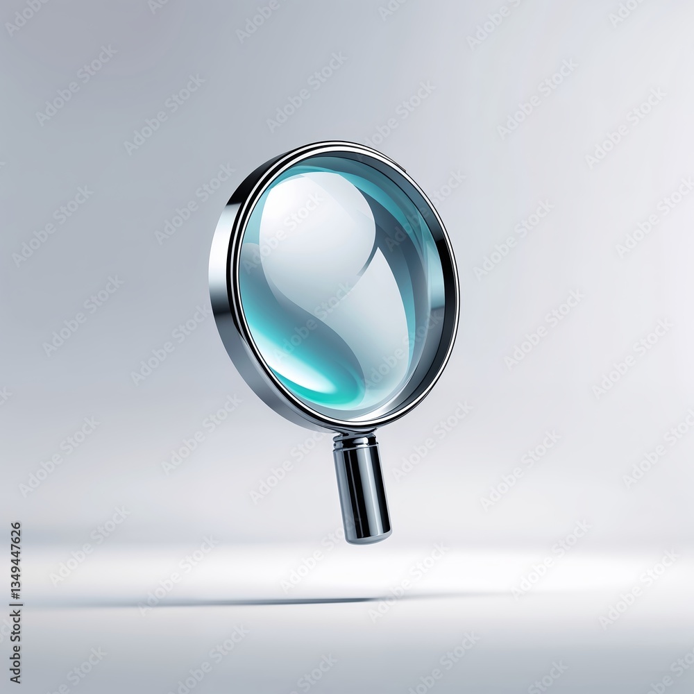 Poster magnifying glass floating against a minimalist background showcasing design and innovation in optica