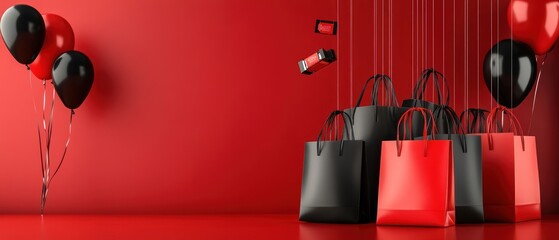 Balloons and shopping bags on a red background for promotional use