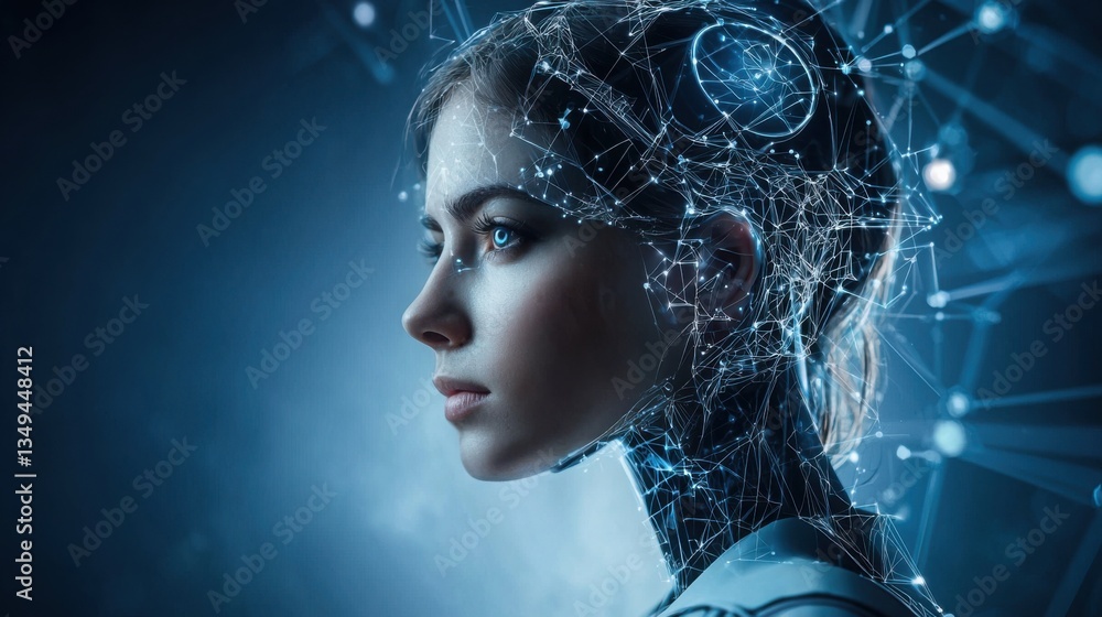 Poster a woman's face surrounded by a network of lines and dots depicting adaptive learning neural models i