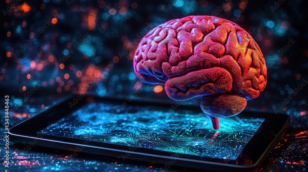 Poster a brain on a tablet displaying the concept of adaptive learning platforms and modern educational tec