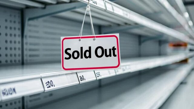 Empty supermarket shelf with a prominent sold out sign indicating supply shortage and consumer demand, showcasing retail and shopping challenges in modern economy