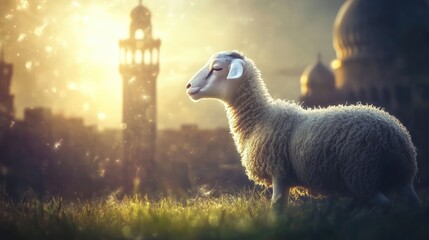 Serene sheep standing in a lush green field during sunset, with a distant mosque silhouette in the background