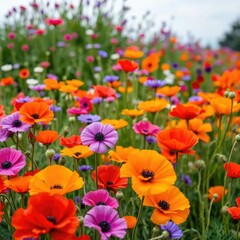 Colorful mix of cornflowers and poppies in a garden, poppy, petals