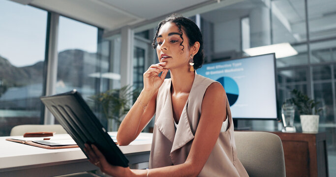 Thinking, reading and business woman on tablet in office for problem solving and stats in startup. Technology, serious or worker with creative ideas, insight and advertising consultant with analytics