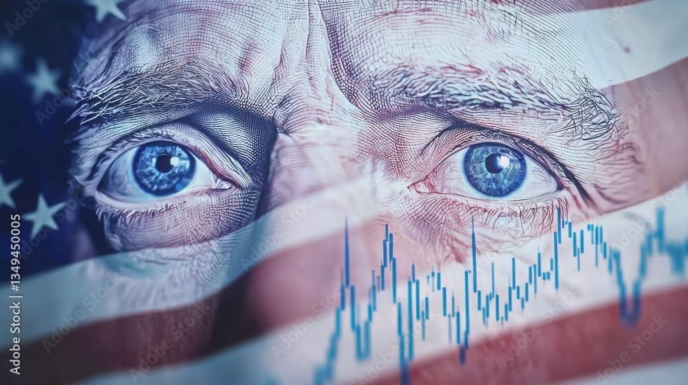 Poster man's face in close-up with american flag in background symbolizing ai-assisted stock chart pattern 