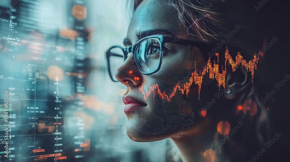 Poster woman with glasses analyzing stock chart using ai-assisted stock correlation analysis for financial 