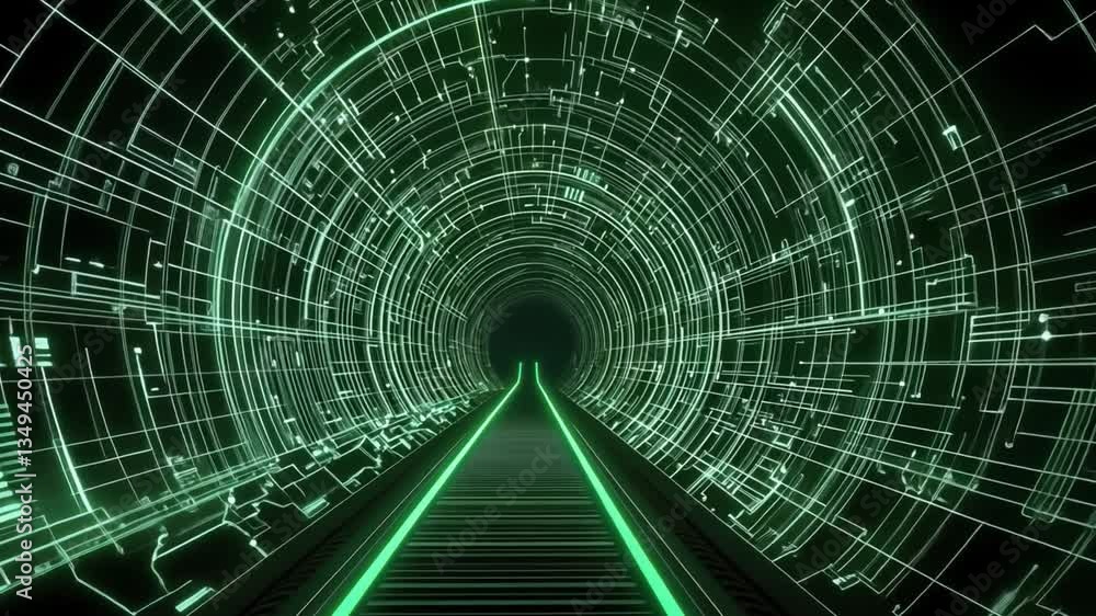 Poster futuristic digital tunnel with neon green lights and circuit pattern for technology and sci-fi conce