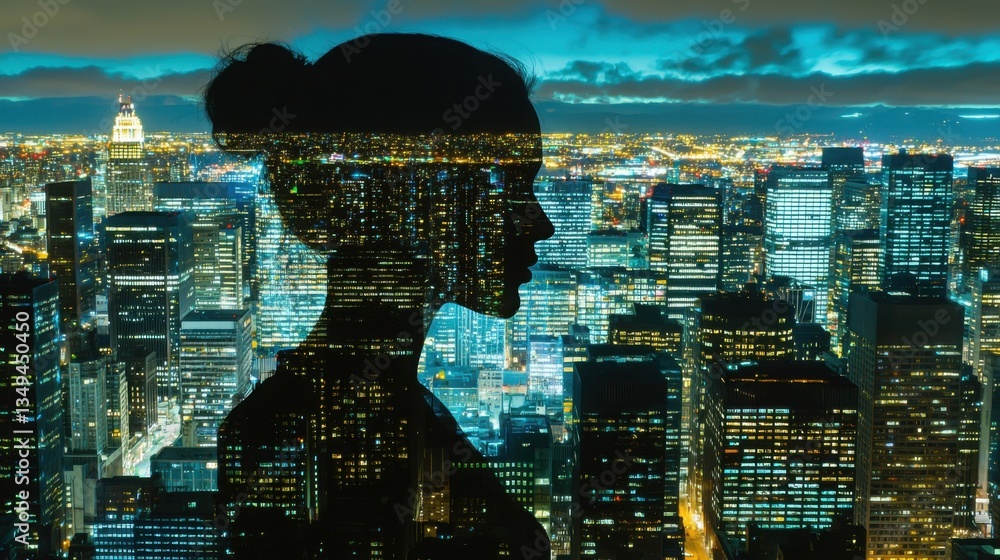 Poster person observing cityscape with advanced ai-driven algorithmic trading systems for financial analysi