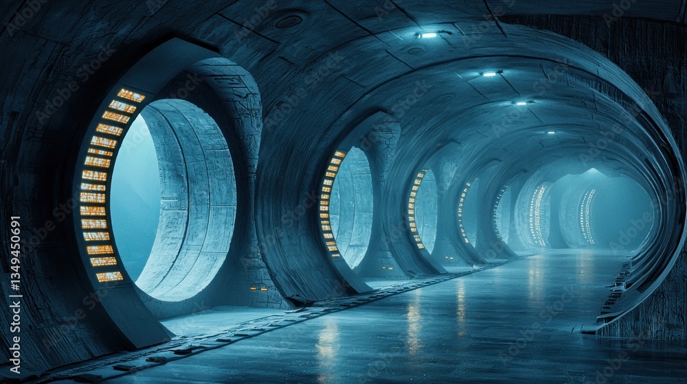 Poster futuristic corridor with glowing lights and circular windows, creating a sci-fi ambiance.