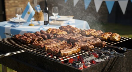 Grilling Meat on Charcoal Grill with Argentine Flag Celebration