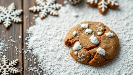 Fototapeta premium Crumbly gingerbread cookie on a snowy white surface with dark wood texture, snowflake decorations, baked sweets, holiday treats