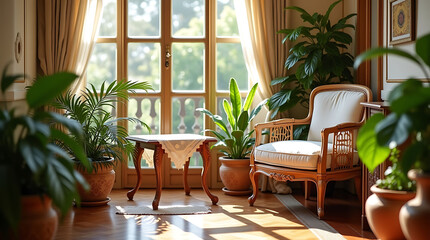 Obraz premium Modern Indoor terrace with chair & table, plants in flowerpots, Beautiful indoor home decoration