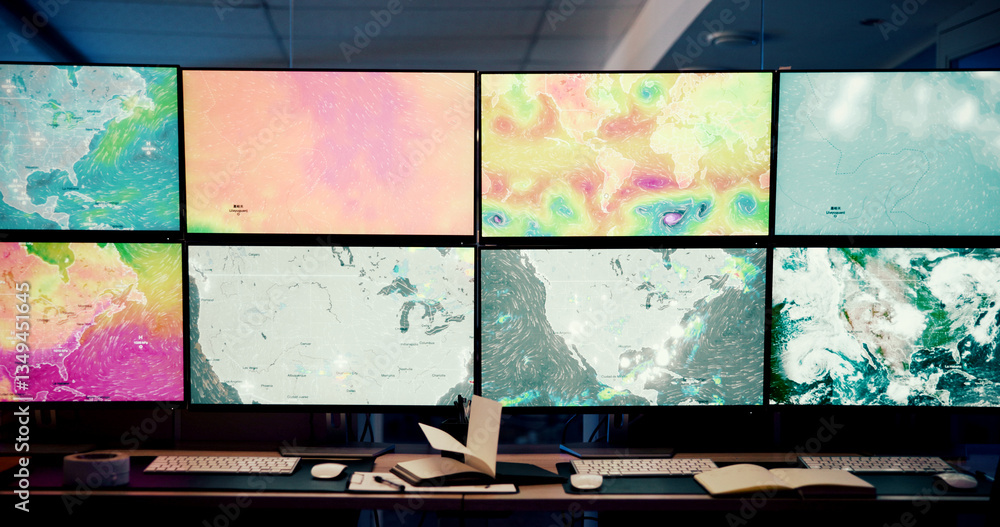 Poster computer, screen and data with map, control room and broadcast for news research. ecology, environme
