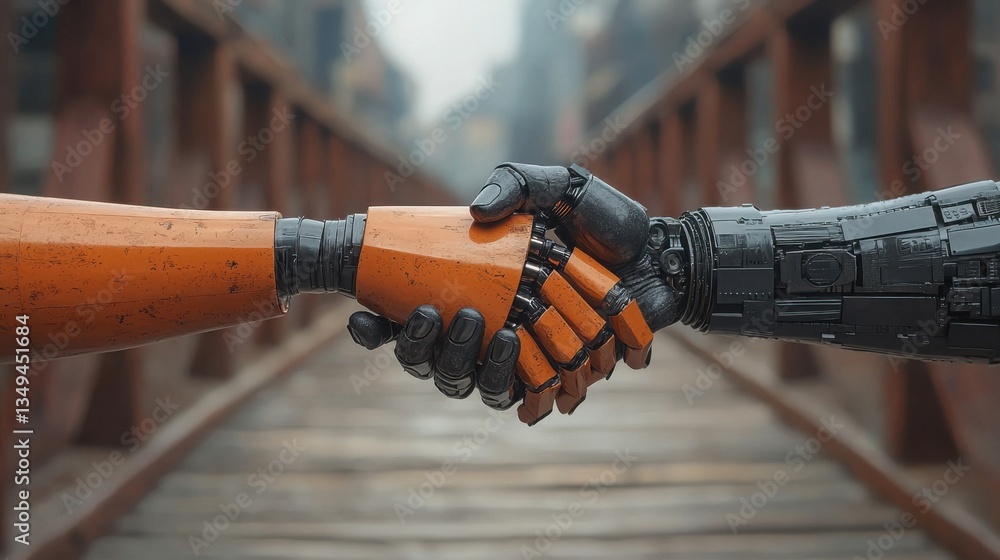 Poster robot and human engaging in a symbolic handshake representing collaboration in ai-driven financial t