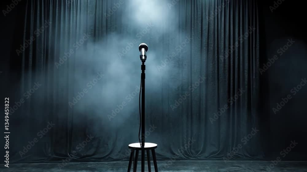 Poster solo microphone on empty stage with dramatic lighting and fog creating intimate atmosphere for perfo