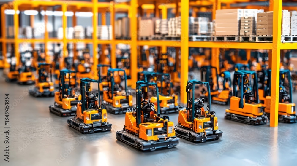 Poster forklift and fork truck positioned in a warehouse setting illustrating ai-driven smart order routing