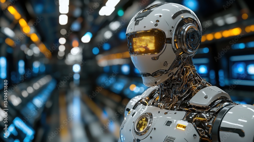 Poster futuristic cityscape featuring a robot symbolizing ai-driven smart hedging strategies for investment