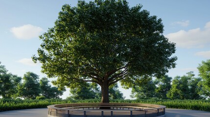 Naklejka premium Lush park tree, circular bench, tranquil, sunny day