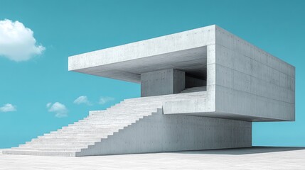 Fototapeta premium Modern concrete structure with stairs, minimalist design against a clear blue sky