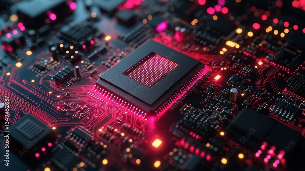 Poster close-up of a central processing unit on a circuit board, illuminated with vibrant red lighting