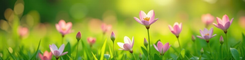 Obraz premium Delicate bulbocodium flowers in soft pink hue amidst lush green meadow grass, meadow, spring