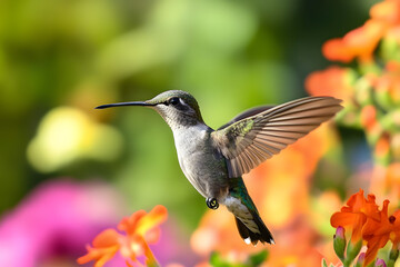 Fototapeta premium A close-up of a hummingbird flying in Nature, green blurry background