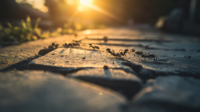 A small ant walking determinedly on the ground surface, illustrating self-organization and nature's intricate ecosystems in action.