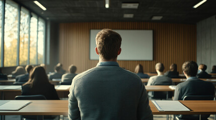 Male scholar in a classroom setting explaining the separation of variables to engaged students with visual aids and interactive discussion.