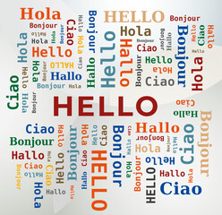 Hello - Bonjour - Hallo - Hola - Ciao, Nuage de Mots, Plusieurs Couleurs, Vecteur  © Artellia