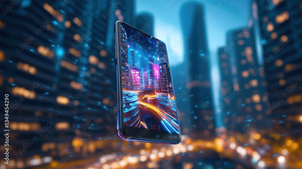 Poster smartphone displaying vibrant augmented reality scene with futuristic cityscape, showcasing bright l