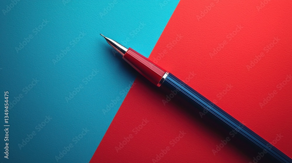 Poster a stylish pen resting on a bold red and blue background representing b2b positioning tools for creat
