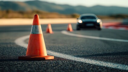 Orange cones marking a driving course.  A car is visible in the distance