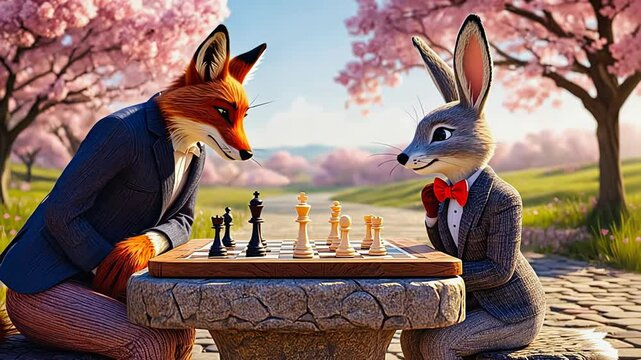 fox and hare in suits playing chess in a blooming park