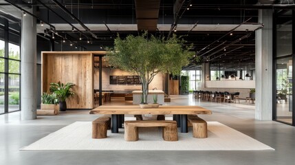 Spacious modern lobby with large wooden table, tree, and seating
