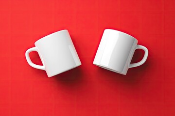 Two blank white mugs on a red surface