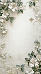 Wedding invitation card template,delicate white flowers and green leaves,copy space.