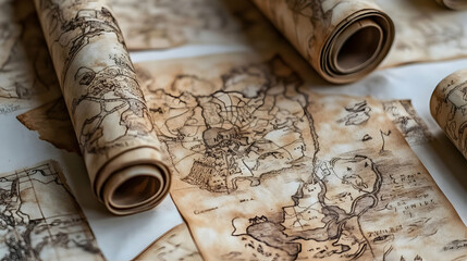 Rolled ancient maps, table, adventure background, game design