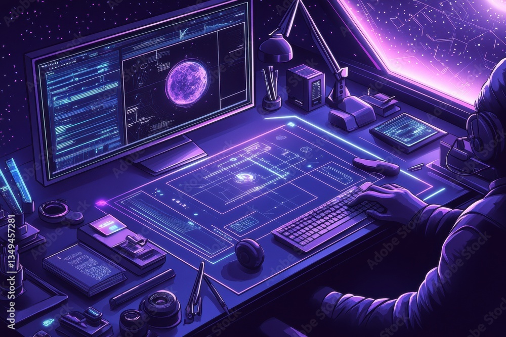 Poster futuristic workspace with digital controls and cosmic background