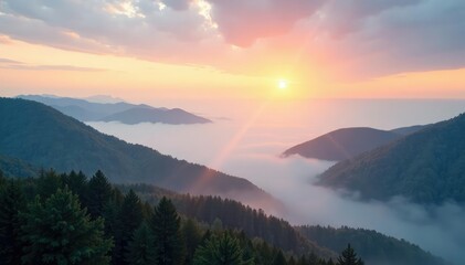 Obraz premium Drifting foggy stratocumulus clouds in valley, foggy, cloudy, hazy