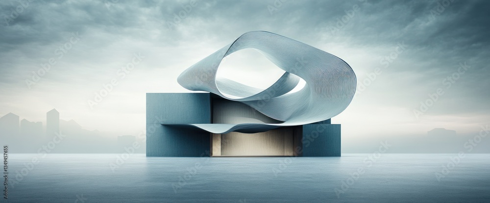 Poster futuristic architectural design; sleek, curved forms contrast with cubic base; serene, hazy backgrou