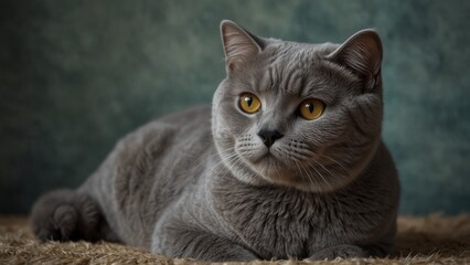 A detailed realistic portrait of a British Shorthair cat with smooth blue-gray fur, set against a soft indoor backdrop