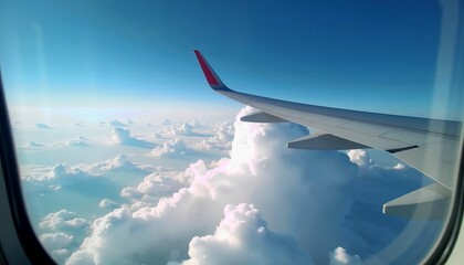 Fototapeta premium Airplane Wing View Over Fluffy Clouds In Blue Sky
